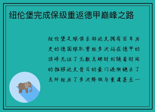 纽伦堡完成保级重返德甲巅峰之路
