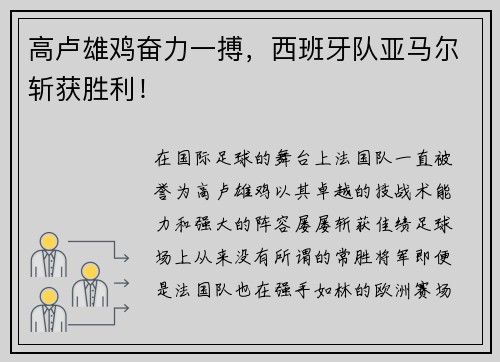 高卢雄鸡奋力一搏，西班牙队亚马尔斩获胜利！
